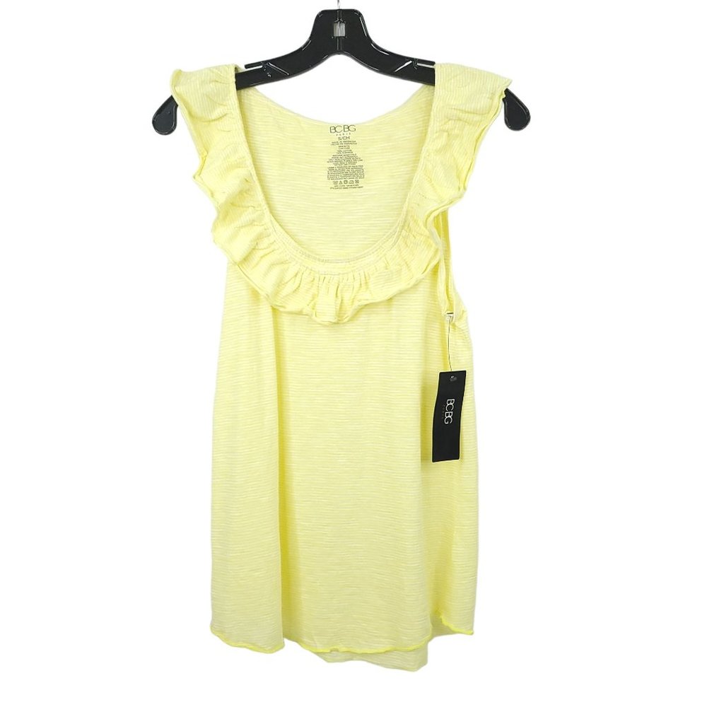 BCBG Paris Tank Top Womens Size S Double Ruffle Neck Yellow Sleeveless Cotton